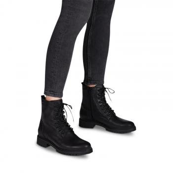 schwarzer Schnürstiefel aus Leder mit Schnürung und Reißverschluß, Profilsohle