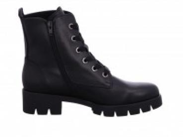 sportlicher Damenstiefel in schwarzem Lackleder mit Blockabsatz