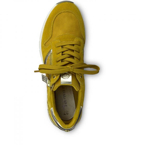 modischer Schnürhalbschuh, Materialmix Leder und Synthetik in Farbe Gelb, mit Wechselfußbettung