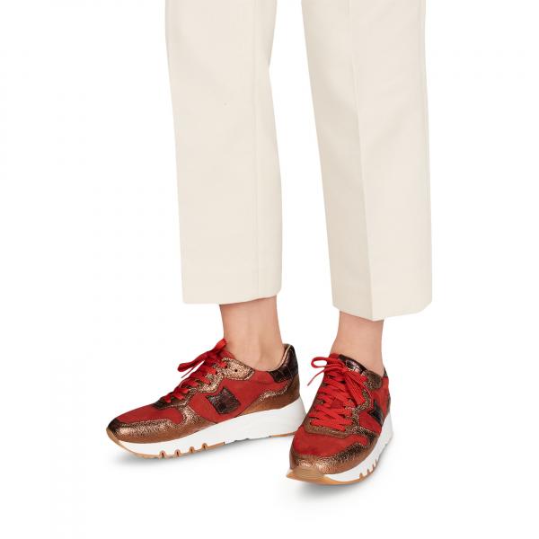 modischer, bronzefarbener Schnürsneaker aus Leder Textilmix
