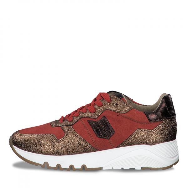 modischer, bronzefarbener Schnürsneaker aus Leder Textilmix