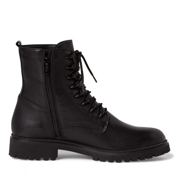schwarzer Schnürstiefel aus Leder mit Schnürung und Reißverschluß, Profilsohle