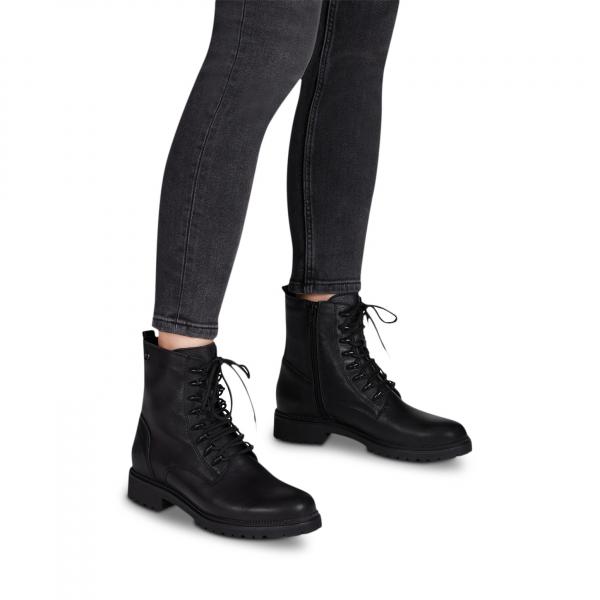 schwarzer Schnürstiefel aus Leder mit Schnürung und Reißverschluß, Profilsohle