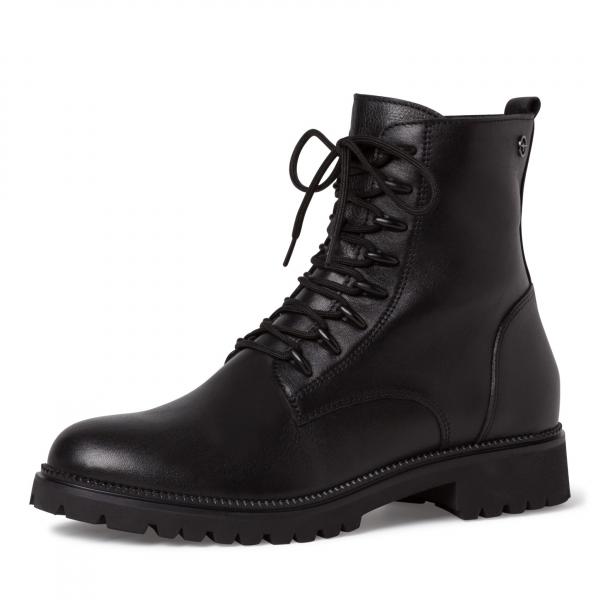 schwarzer Schnürstiefel aus Leder mit Schnürung und Reißverschluß, Profilsohle