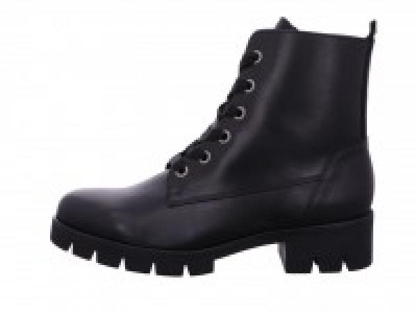 sportlicher Damenstiefel in schwarzem Lackleder mit Blockabsatz