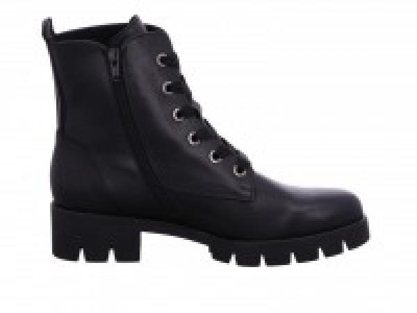 sportlicher Damenstiefel in schwarzem Lackleder mit Blockabsatz