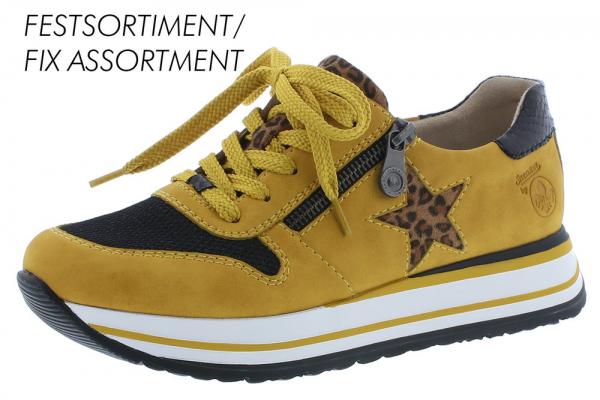 Damensneaker, Farbe: gelb Obermaterial: Textil Innen: Leder und Textil Innenlaufsohle: Leder lose Einlagen Plateau: 3.5cm Verschluss: Schnürung Features: Rieker-Antistress-Laufsohle Besonderheit: Streifen an Sohle, Zierreißverschluss
