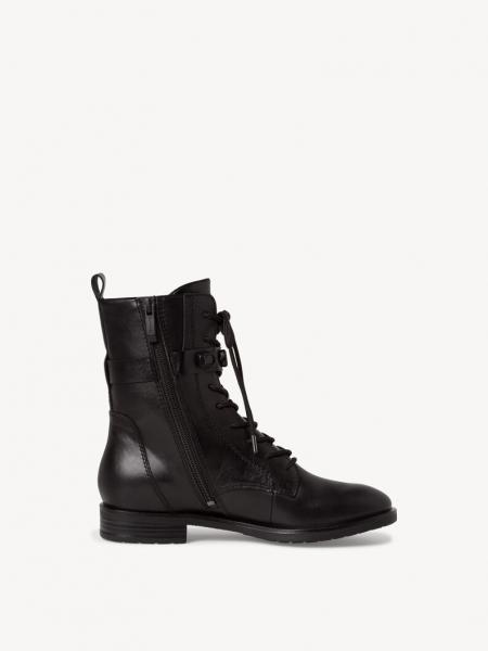 Stiefelette aus Materialmix Leder - Synthetik, Absatz, Schnürung und Reißverschluß in der Farbe schwarz