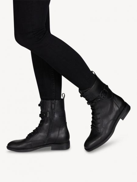 Stiefelette aus Materialmix Leder - Synthetik, Absatz, Schnürung und Reißverschluß in der Farbe schwarz